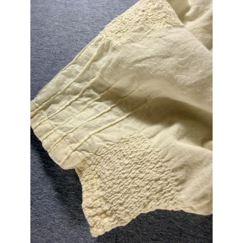 Free People Laurie Embroidered Blouse Cream Cotton V-Neck Puff Sleeve Top M
